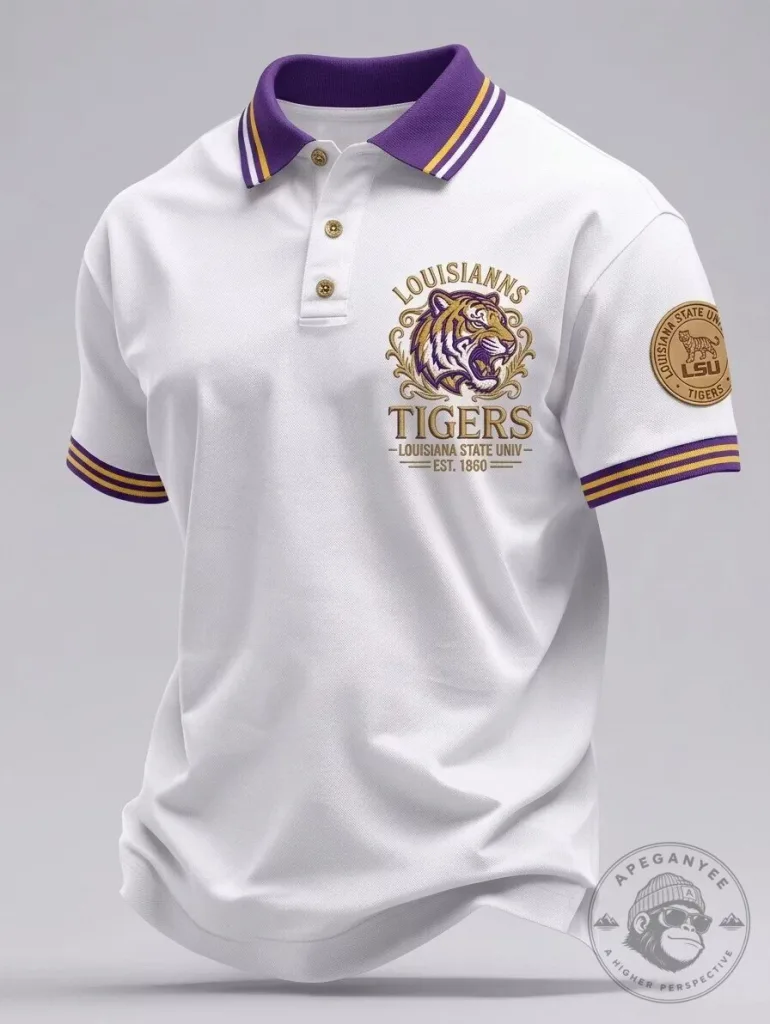 Louisiana State University Tigers Embroidered White Polo Shirt