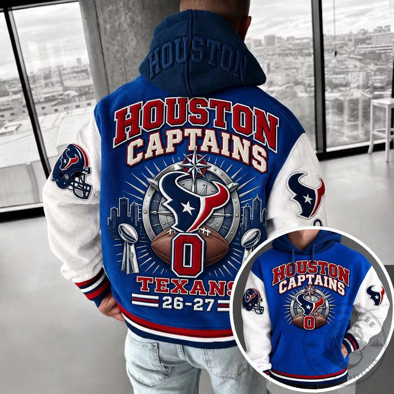 Houston Texans Football Team Blue and White Varsity Hoodie Jacket