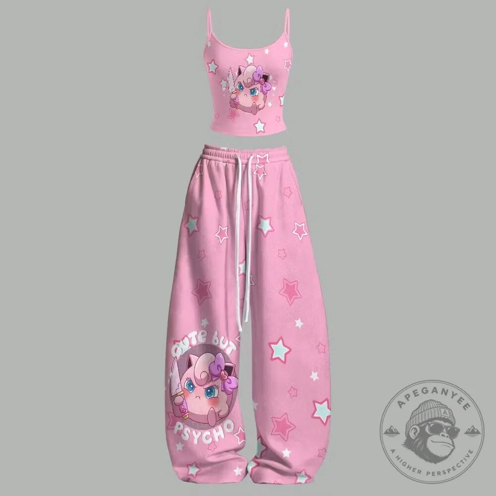 Cute But Psycho Jigglypuff Pokemon Pink Star Print Two-Piece Pajama Set