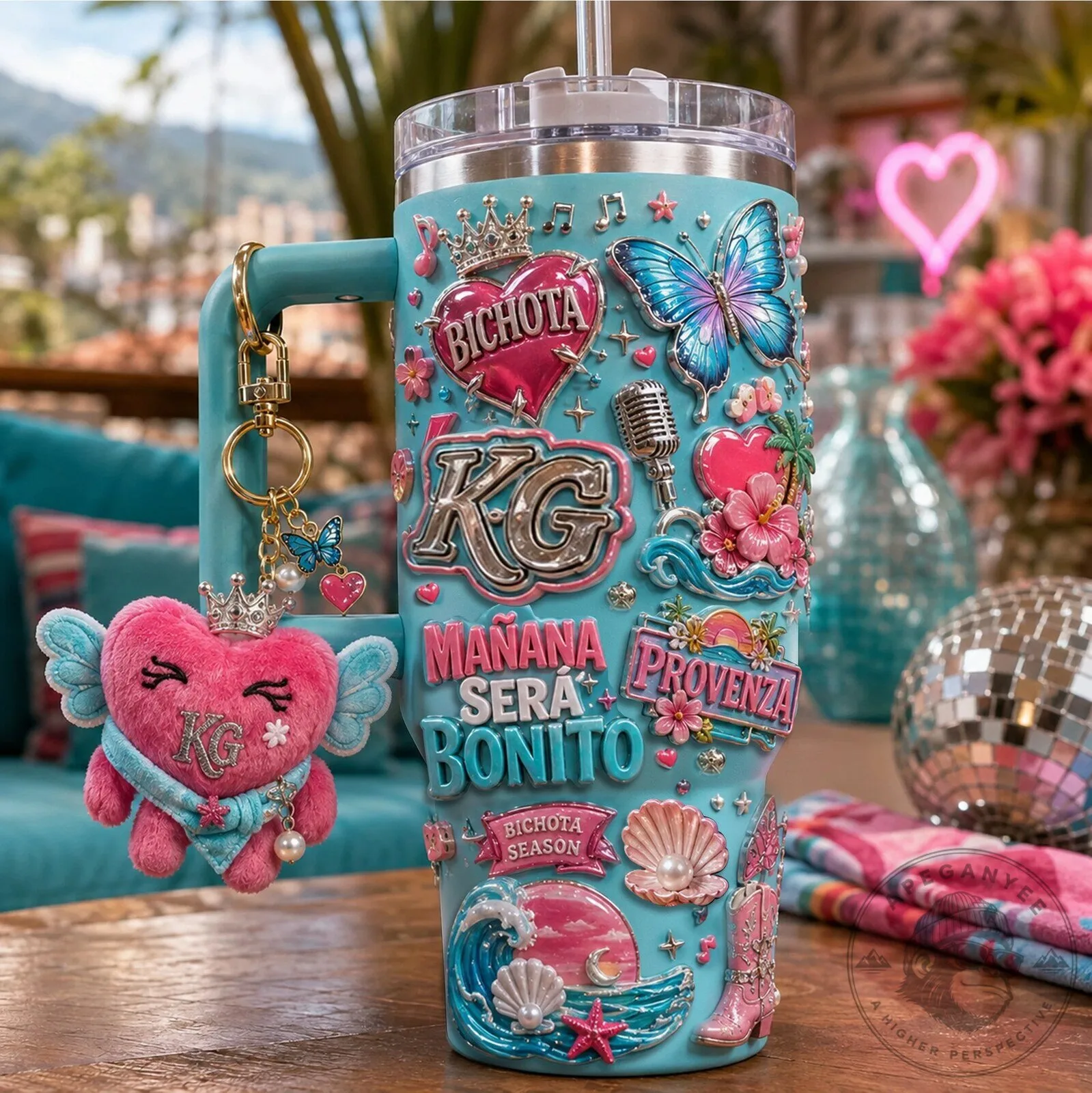 40oz Tumbler with Handle featuring Karol G's Mañana Será Bonito Album Art