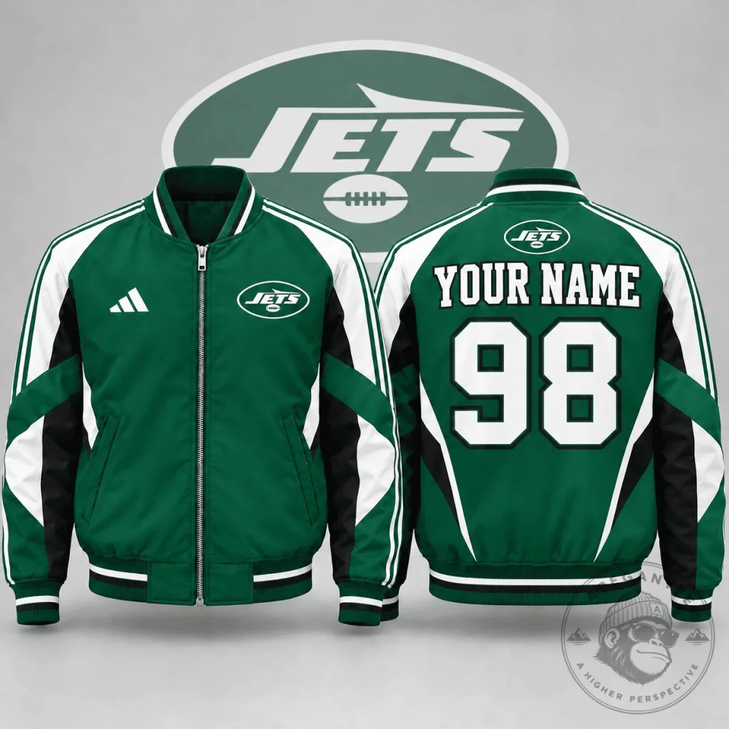 New York Jets Personalized Bomber Jacket, Custom Name and Number NFL Football Apparel New York Jets Personalized Bomber Jacket, Custom Name and Number NFL Football Apparel