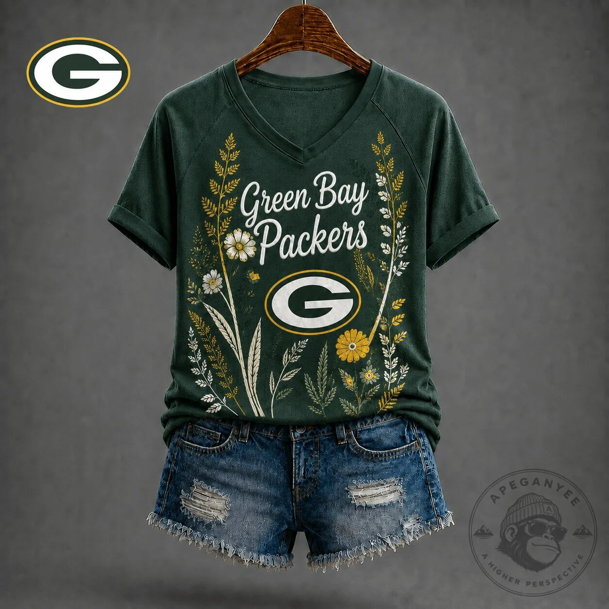 Green Bay Packers Floral Garden V-Neck Short Sleeve T-Shirt