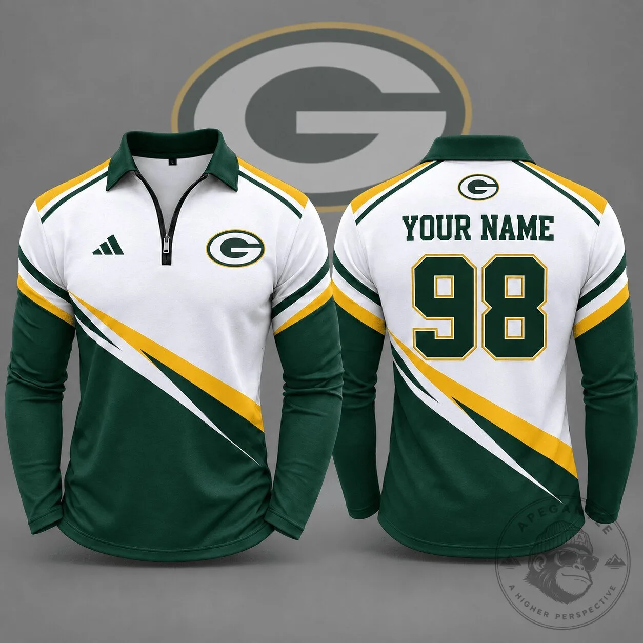 Green Bay Packers Quarter Zip Long Sleeve Polo Shirt Custom Name Number