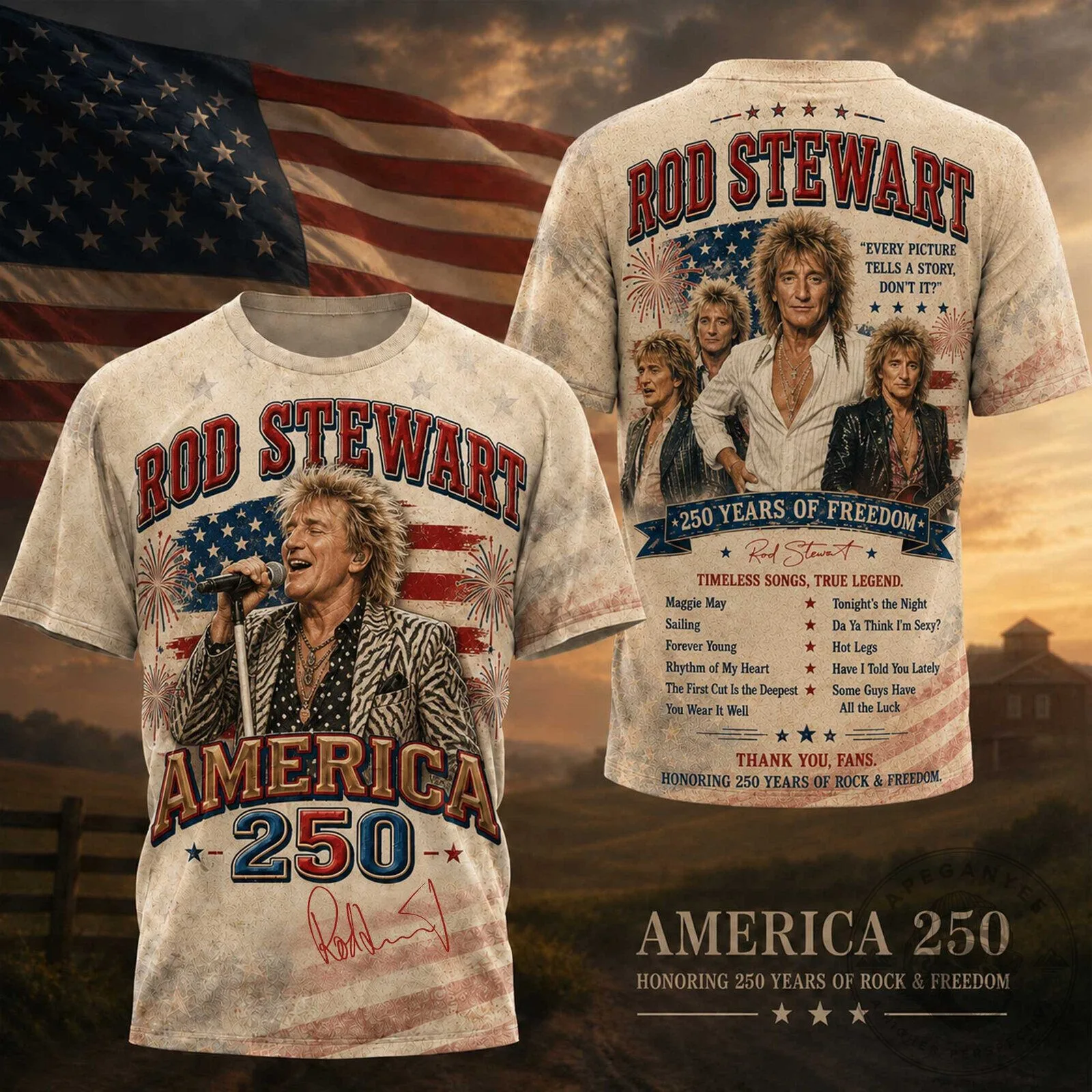 Rod Stewart America 250 Years of Freedom Rock and Roll Fan T-Shirt