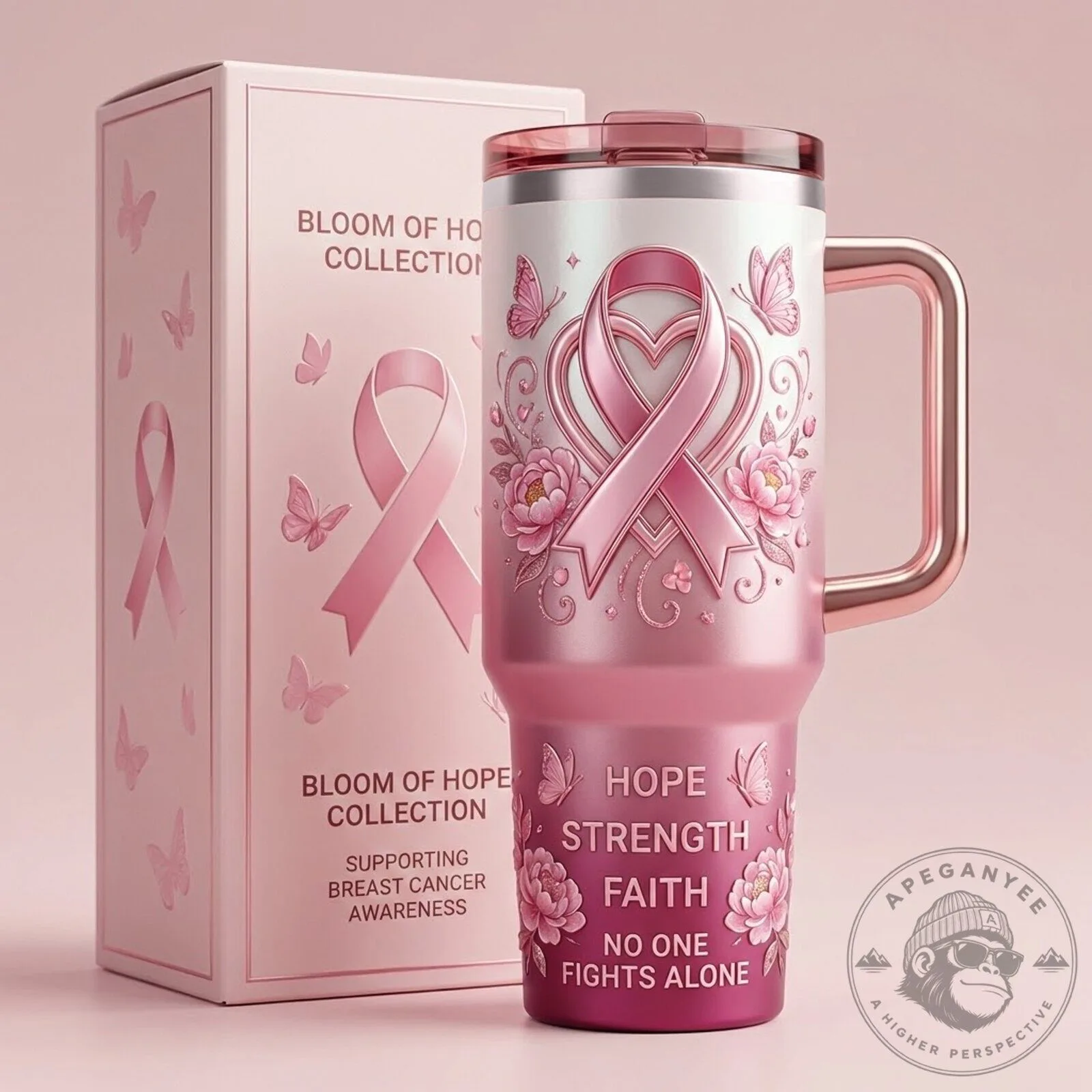 Breast Cancer Pink Ribbon Floral Hope Strength Faith 40oz Tumbler with Handle