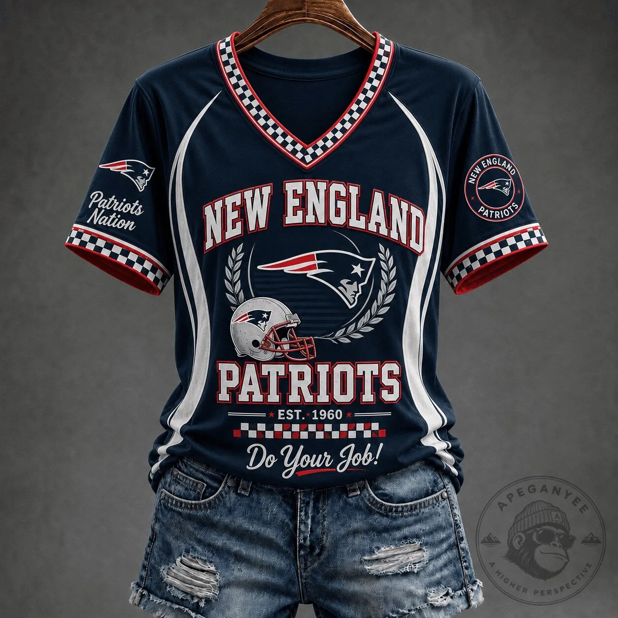 New England Patriots Football Team Spirit V-Neck Baseball Jersey
