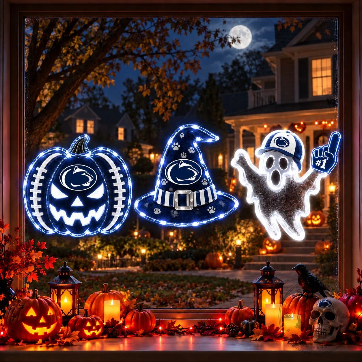 Penn State Nittany Lions Halloween Pumpkin Witch Hat Ghost Window Lights Decor