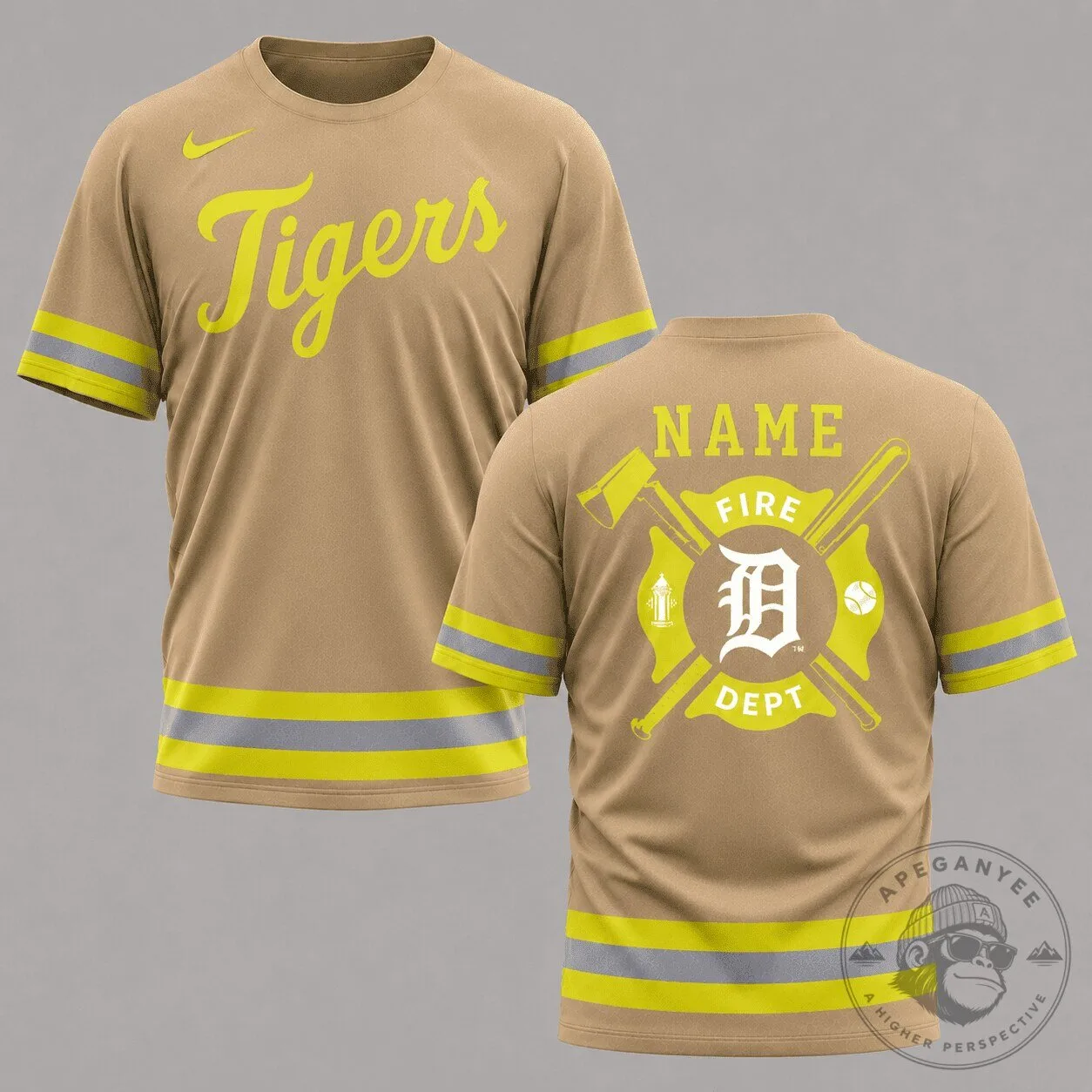 Detroit Tigers Firefighter Personalized Tan Short Sleeve T-Shirt