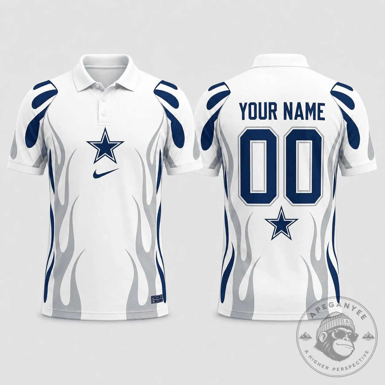 Dallas Cowboys Custom Name and Number White Flame Design Polo Shirt