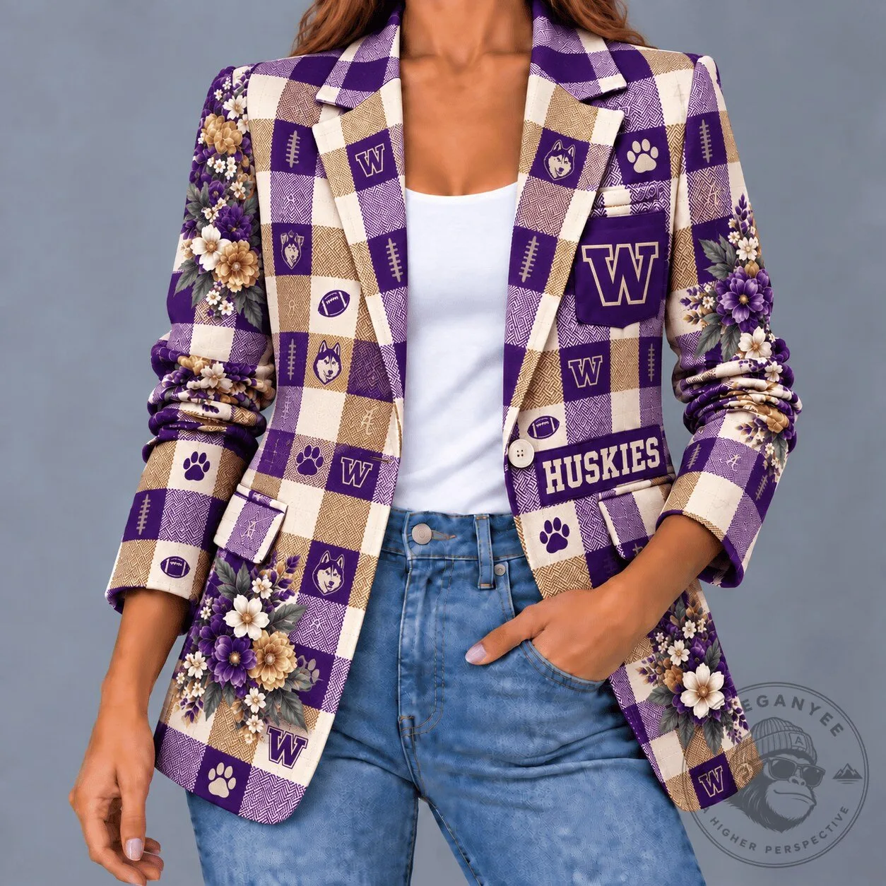 Washington Huskies Football Floral Plaid Women's Blazer Jacket