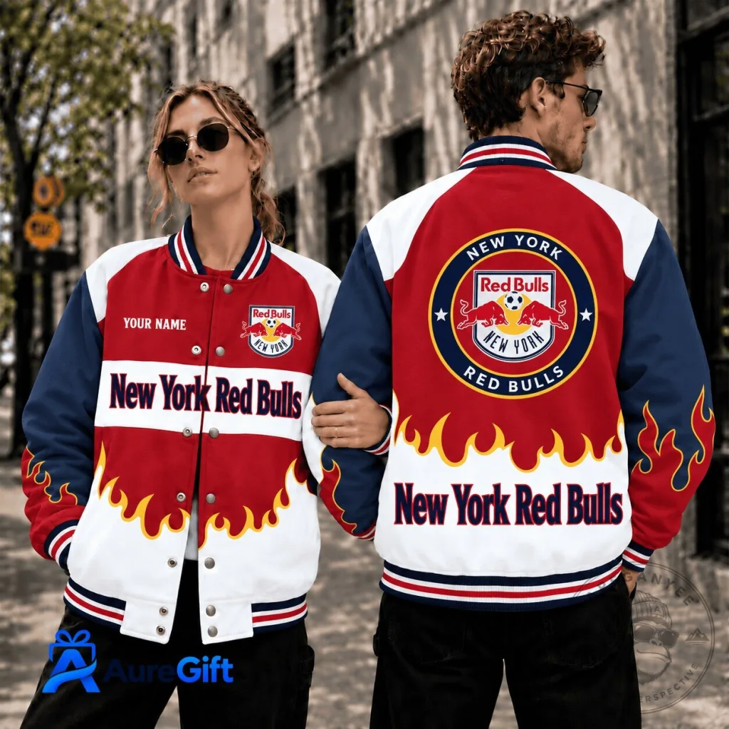 New York Red Bulls Personalized Baseball Jacket with Flame Design New York Red Bulls Personalized Baseball Jacket with Flame Design