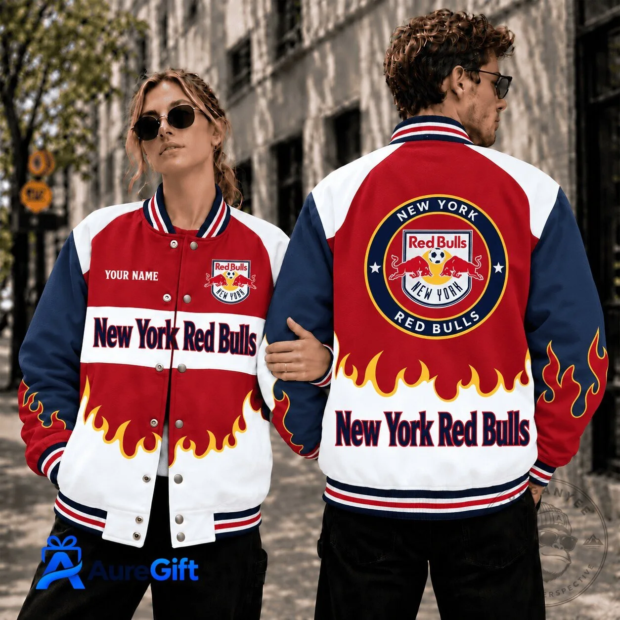 New York Red Bulls Personalized Baseball Jacket with Flame Design