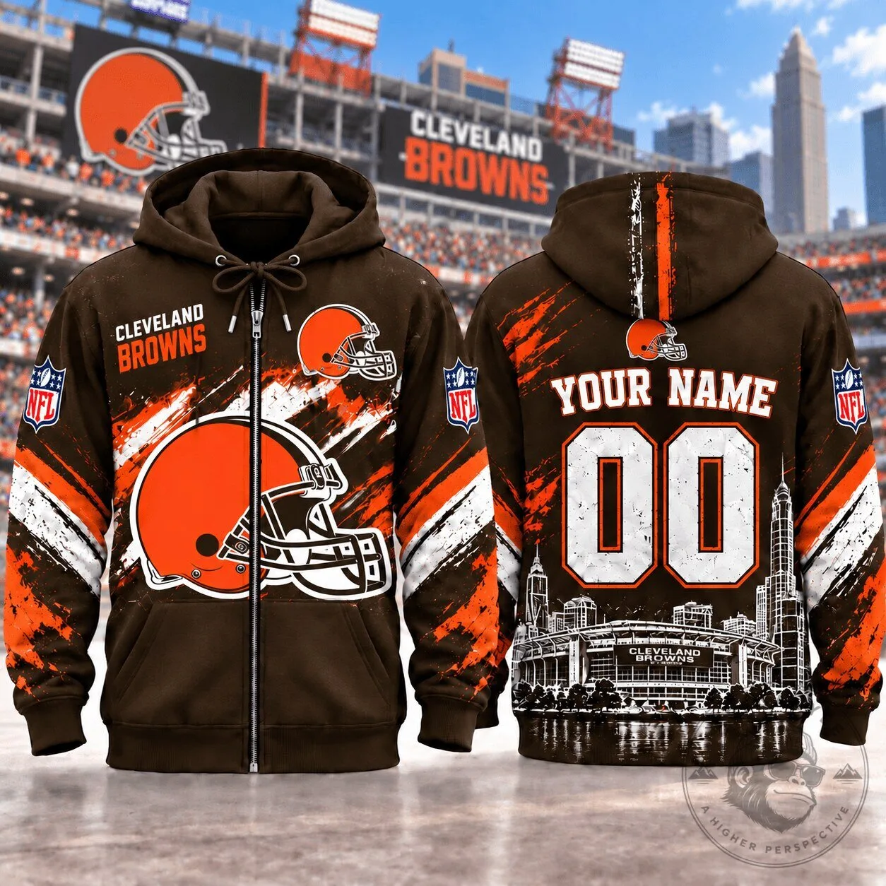 Cleveland Browns NFL Football Team Custom Name Number Full Zip Hoodie