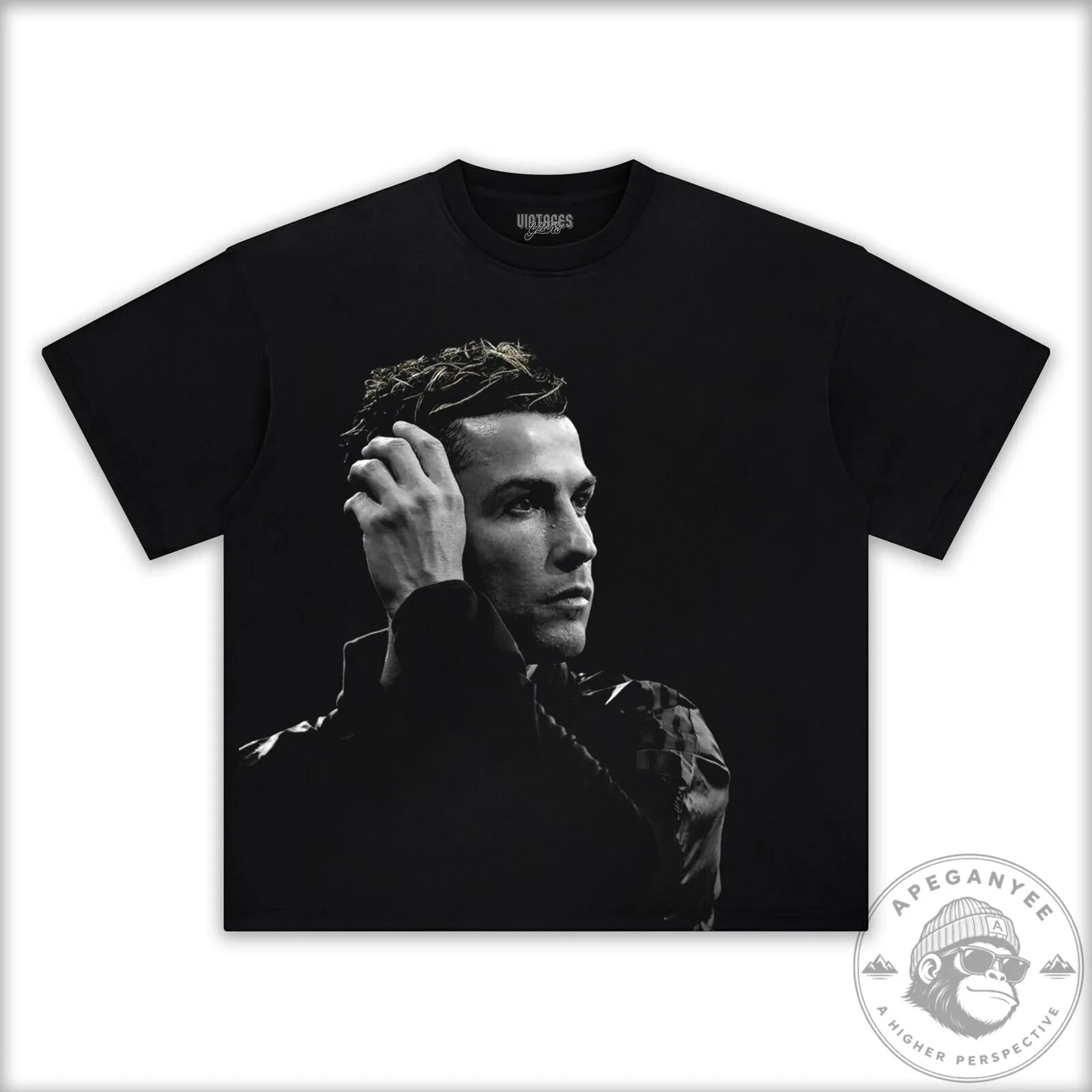 Black and White Graphic T-Shirt with Cristiano Ronaldo Portrait Design