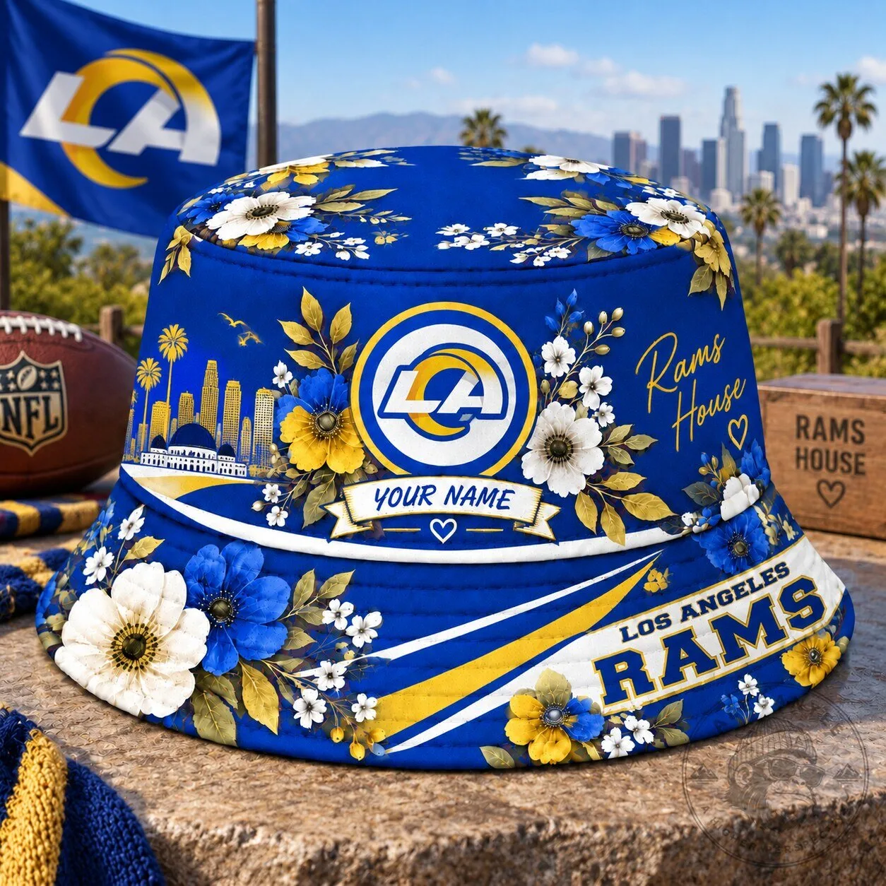 Los Angeles Rams Personalized Floral Bucket Hat