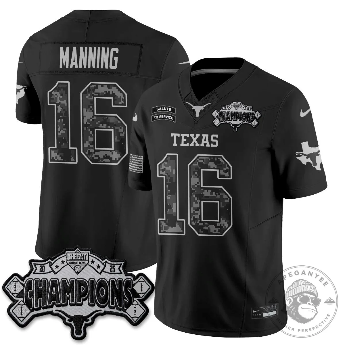 Texas Longhorns Manning 16 Salute To Service Black Football Jersey