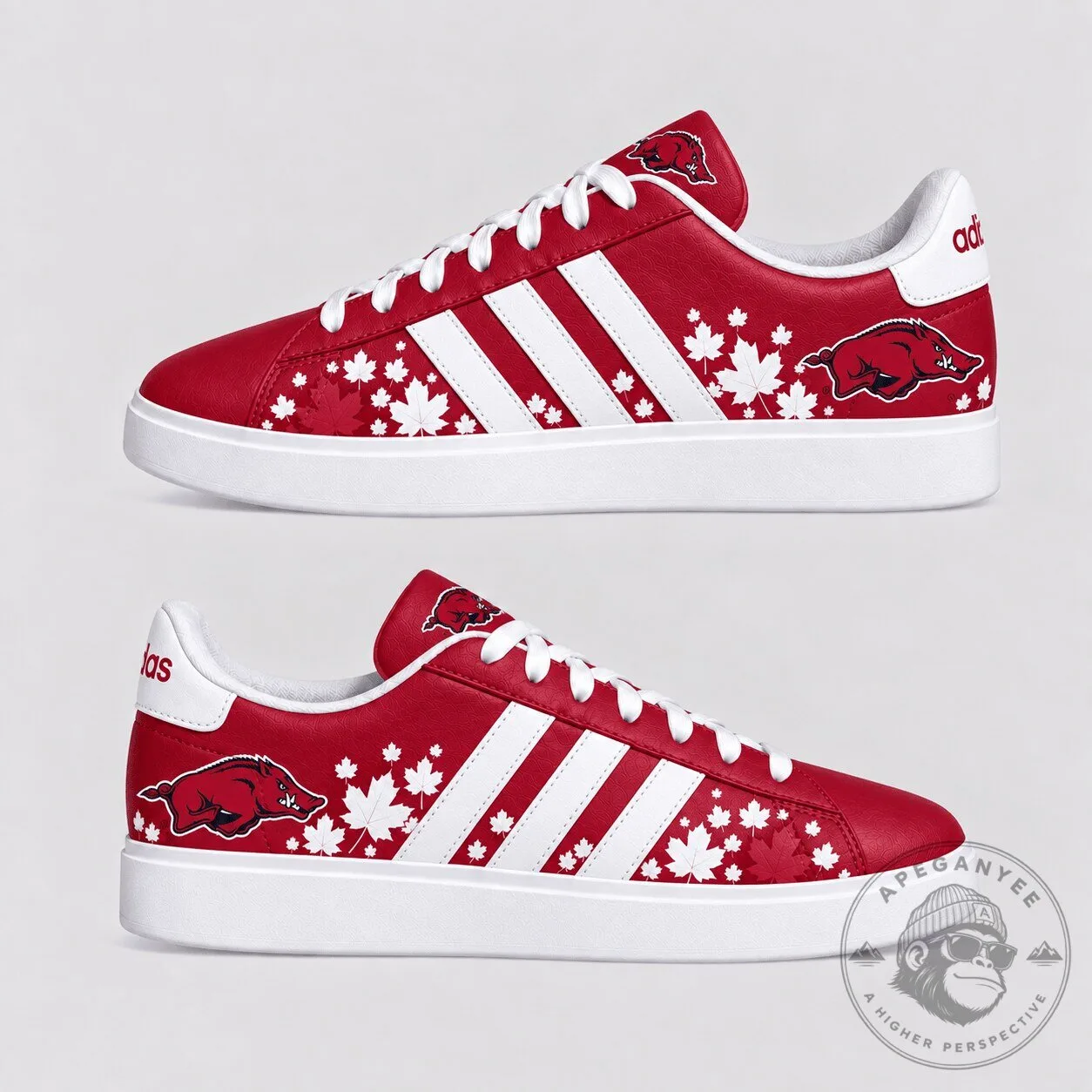 Arkansas Razorbacks Fall Season Maple Leaf Pattern Red Sneakers