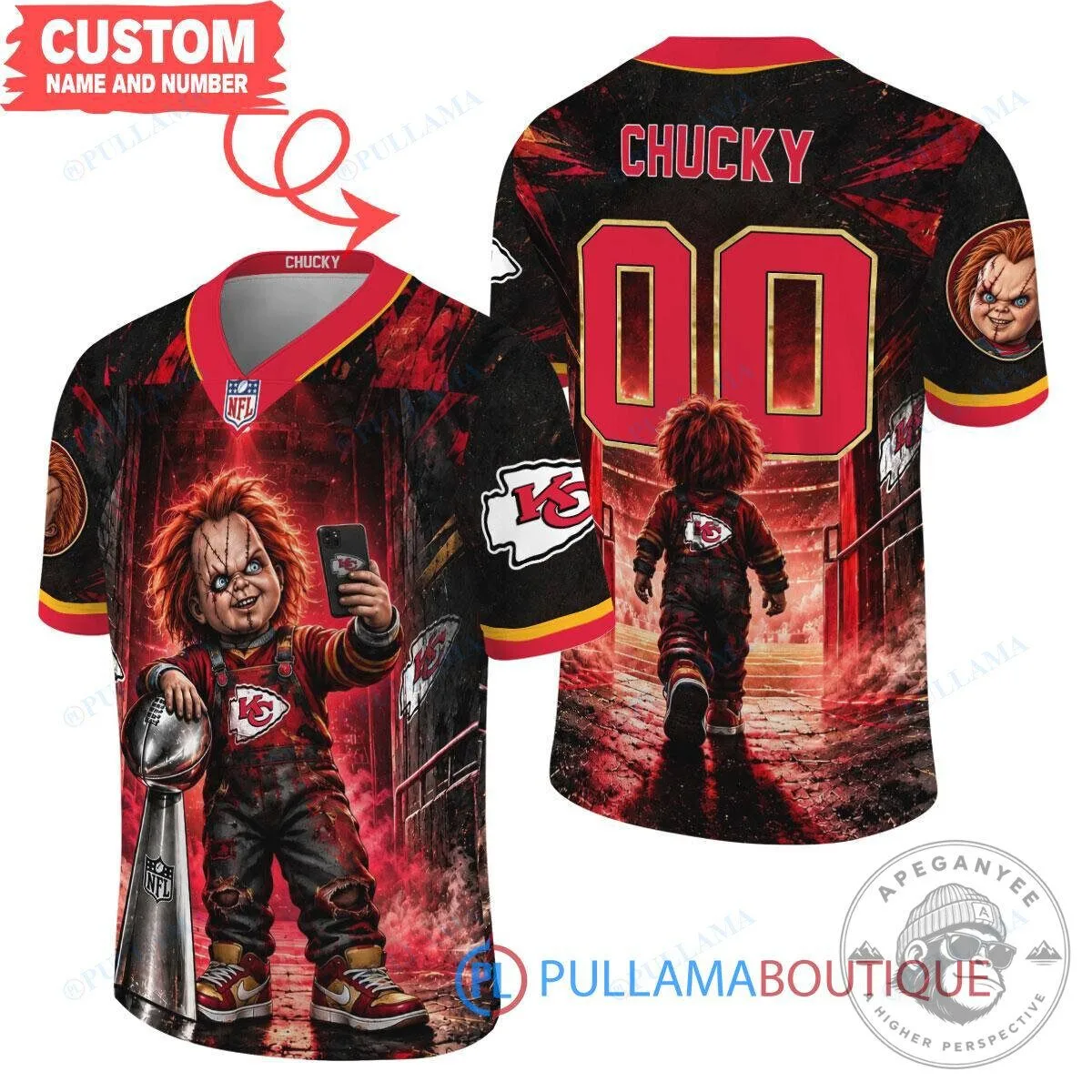 Kansas City Chiefs Chucky Child's Play with Super Bowl Trophy Horror Tunnel Spotlight Custom Football Jersey
