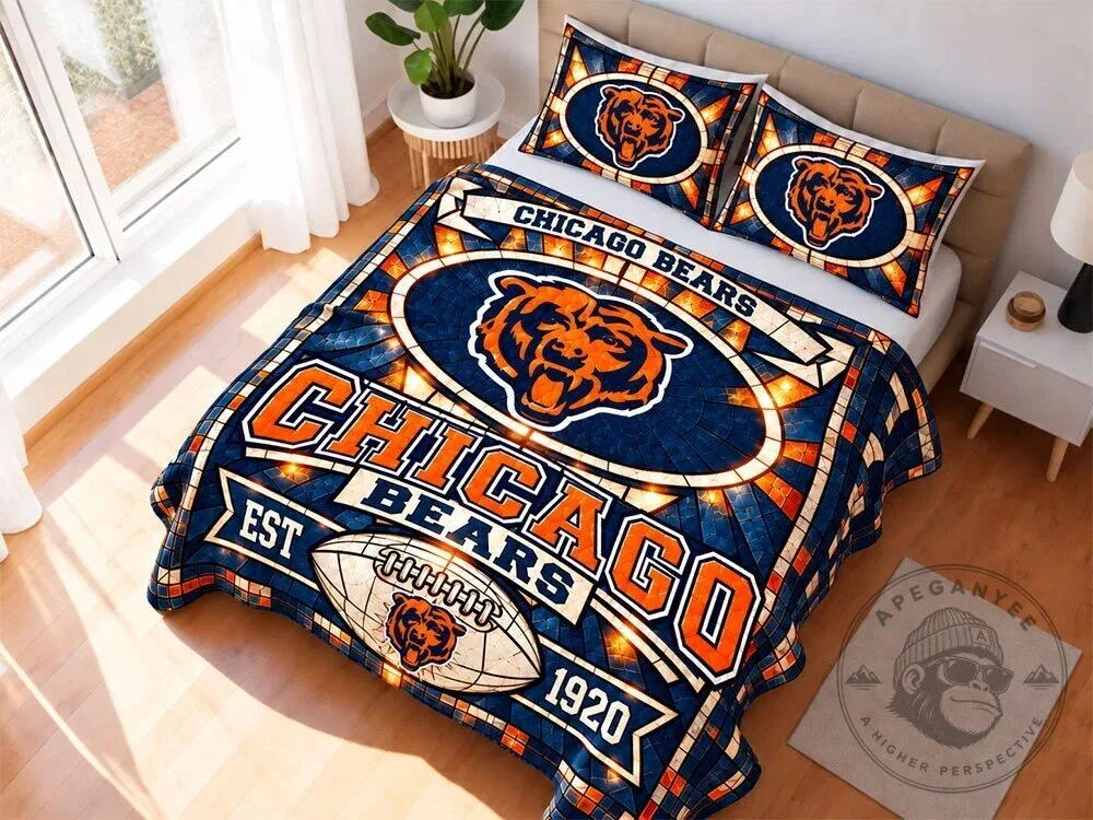 Chicago Bears Stained Glass Pattern NFL Football Team Quilt Set