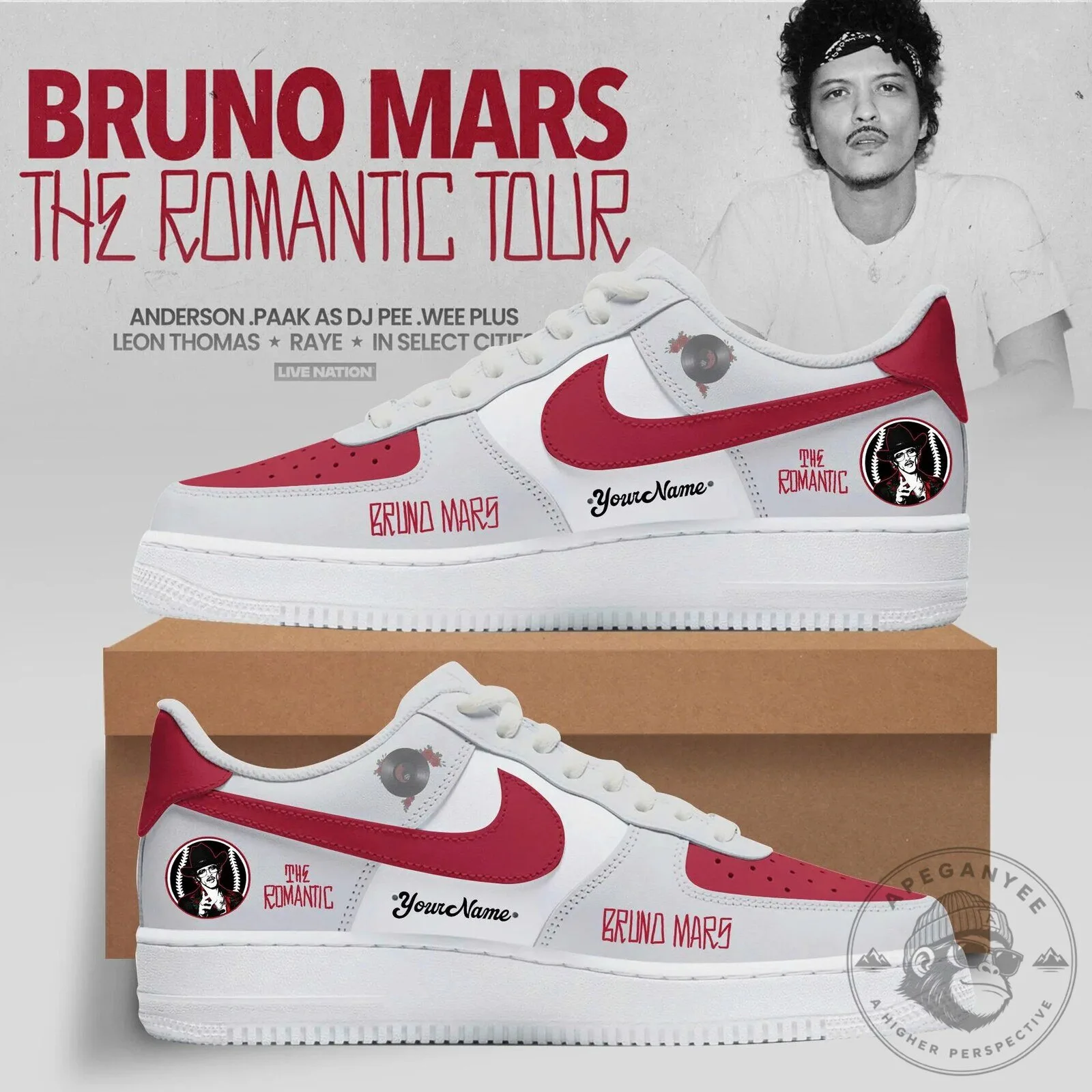 Bruno Mars The Romantic Tour Custom Name Red and White Sneakers