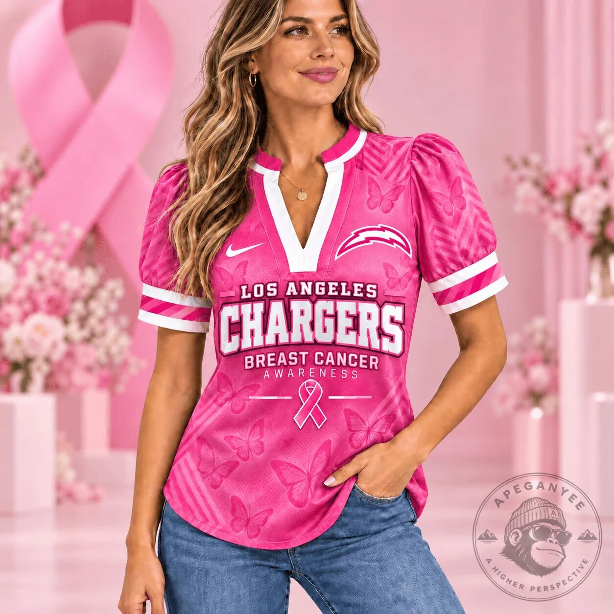 Los Angeles Chargers Breast Cancer Awareness Pink Women's V-Neck T-Shirt