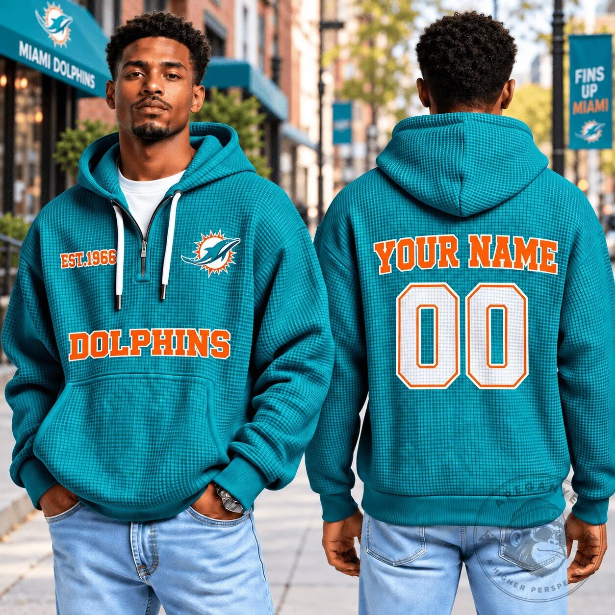 Miami Dolphins Football Fan Waffle Knit Quarter Zip Hoodie