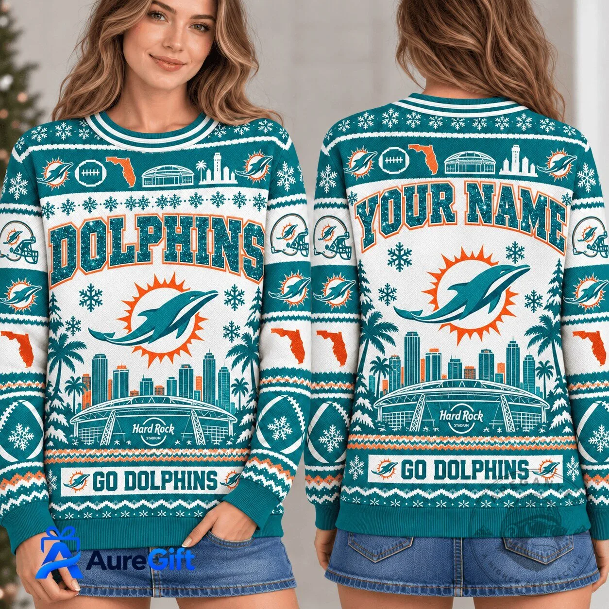 Miami Dolphins Football Christmas Personalized Ugly Sweater