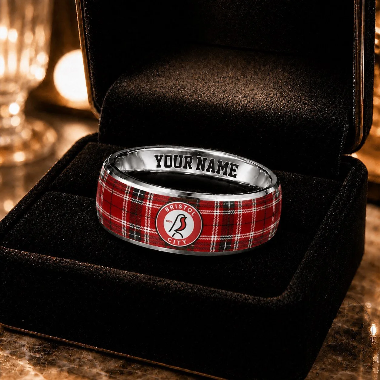 Bristol City Football Club Red Plaid Pattern Custom Engraved Ring