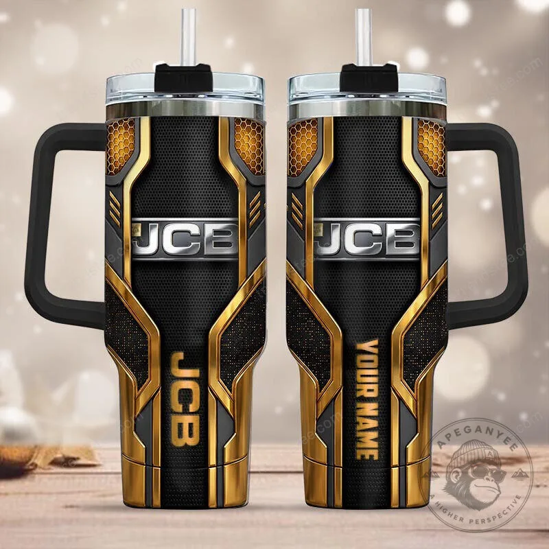 JCB Heavy Equipment Gold and Black Personalized Stainless Steel Tumbler with Handle