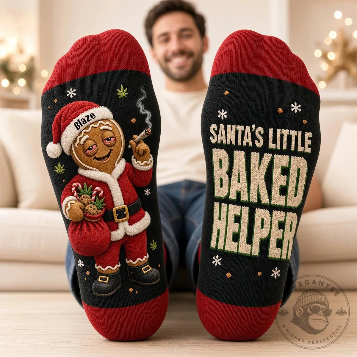Funny Stoner Santa Gingerbread Man Christmas Crew Socks for Men