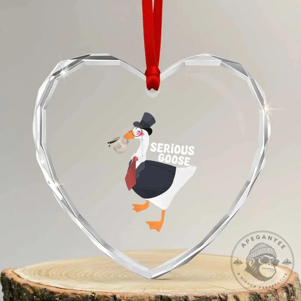 Serious Goose Funny Tuxedo Animal Meme Heart Crystal Glass Christmas Ornament