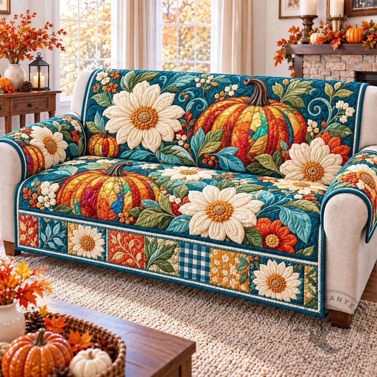 Autumn Pumpkin Patch Floral Quilted Sofa Cover Protector
