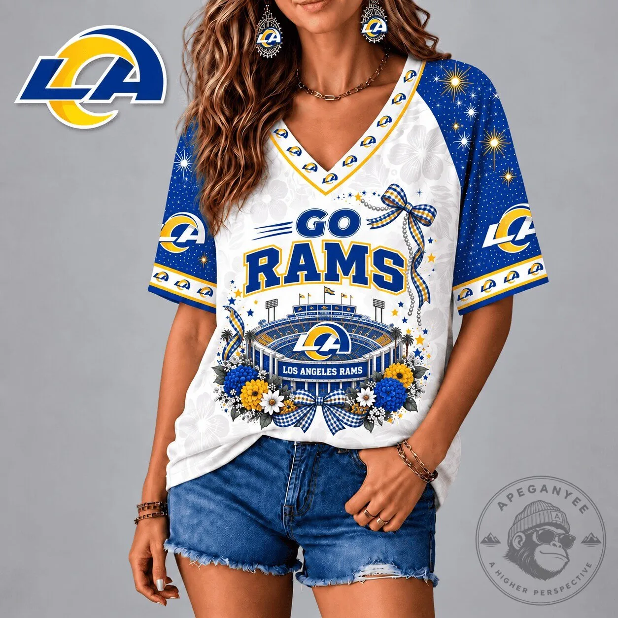 Los Angeles Rams Go Rams Patriotic Floral Bow V-Neck Raglan T-Shirt
