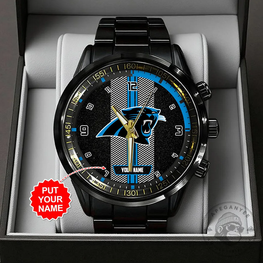 Carolina Panthers Personalized Black Stainless Steel Watch