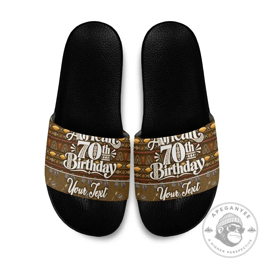 Personalized African 70th Birthday Slide Sandals Tribal Pattern Mudcloth Heritage Art