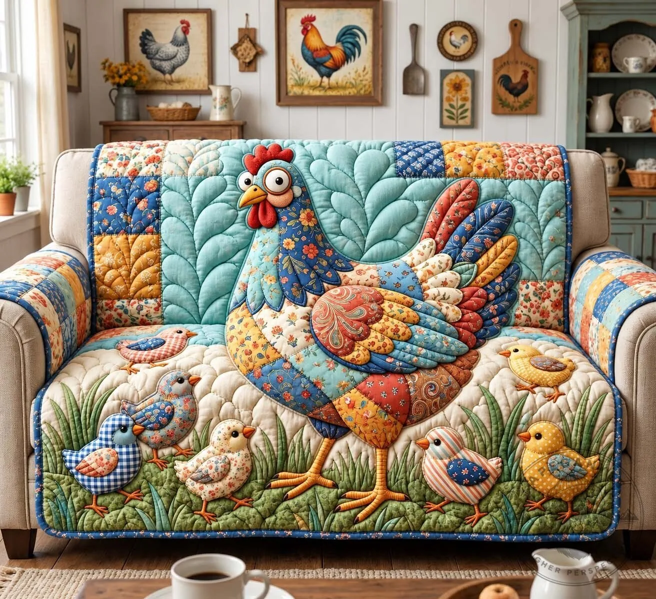 Mama Hen and Chicks Quilted Sofa Cover for Living Room Decor