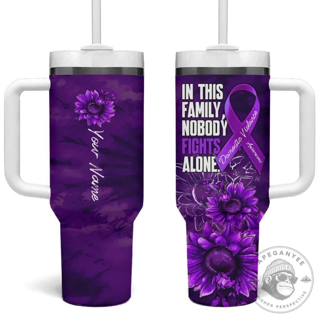 Personalized Domestic Violence Awareness Purple Ribbon Sunflower Tumbler With Handle