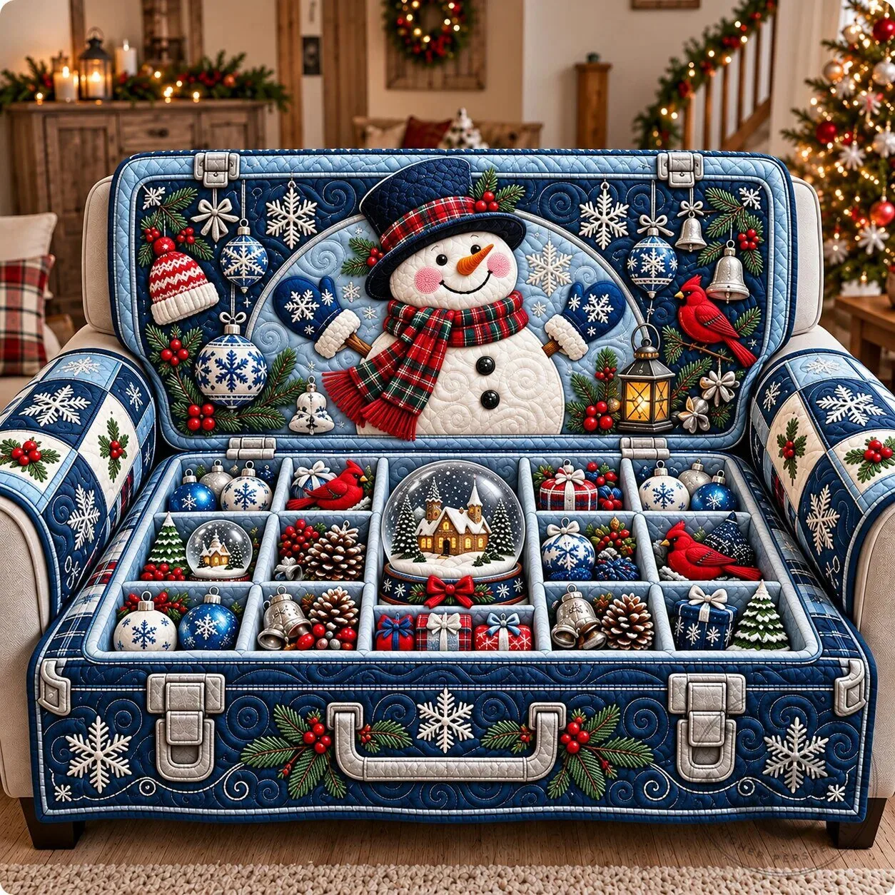 Festive Snowman Winter Trunk Quilted Sofa Cover for Christmas Decor
