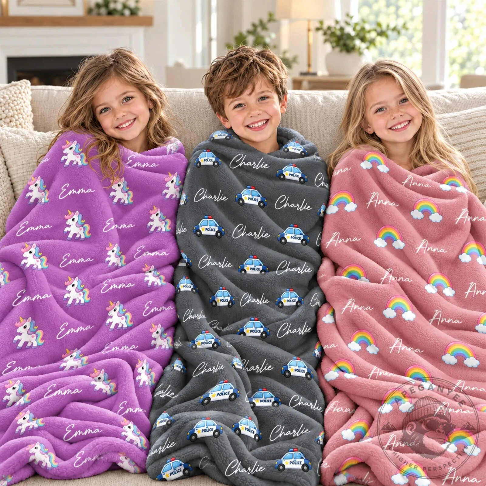 Personalized Kids Unicorn Rainbow Police Car Pattern Fleece Blanket