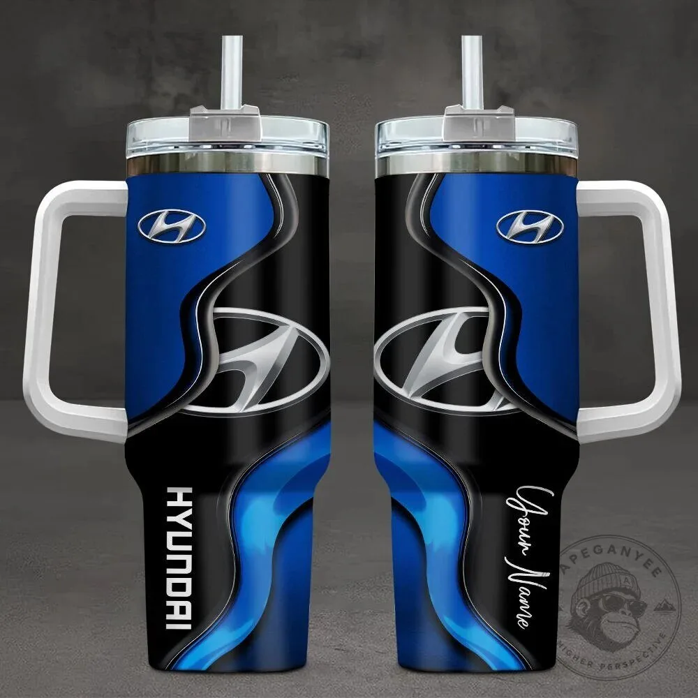 Hyundai Blue Black Swirl Custom Name Stainless Steel Tumbler with Handle