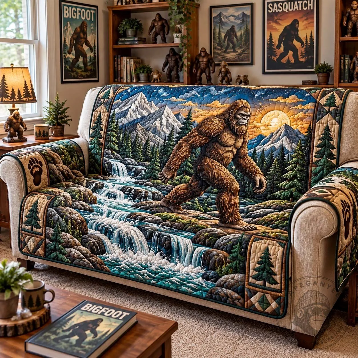 Bigfoot Sasquatch Mountain Forest Waterfall Quilted Sofa Cover