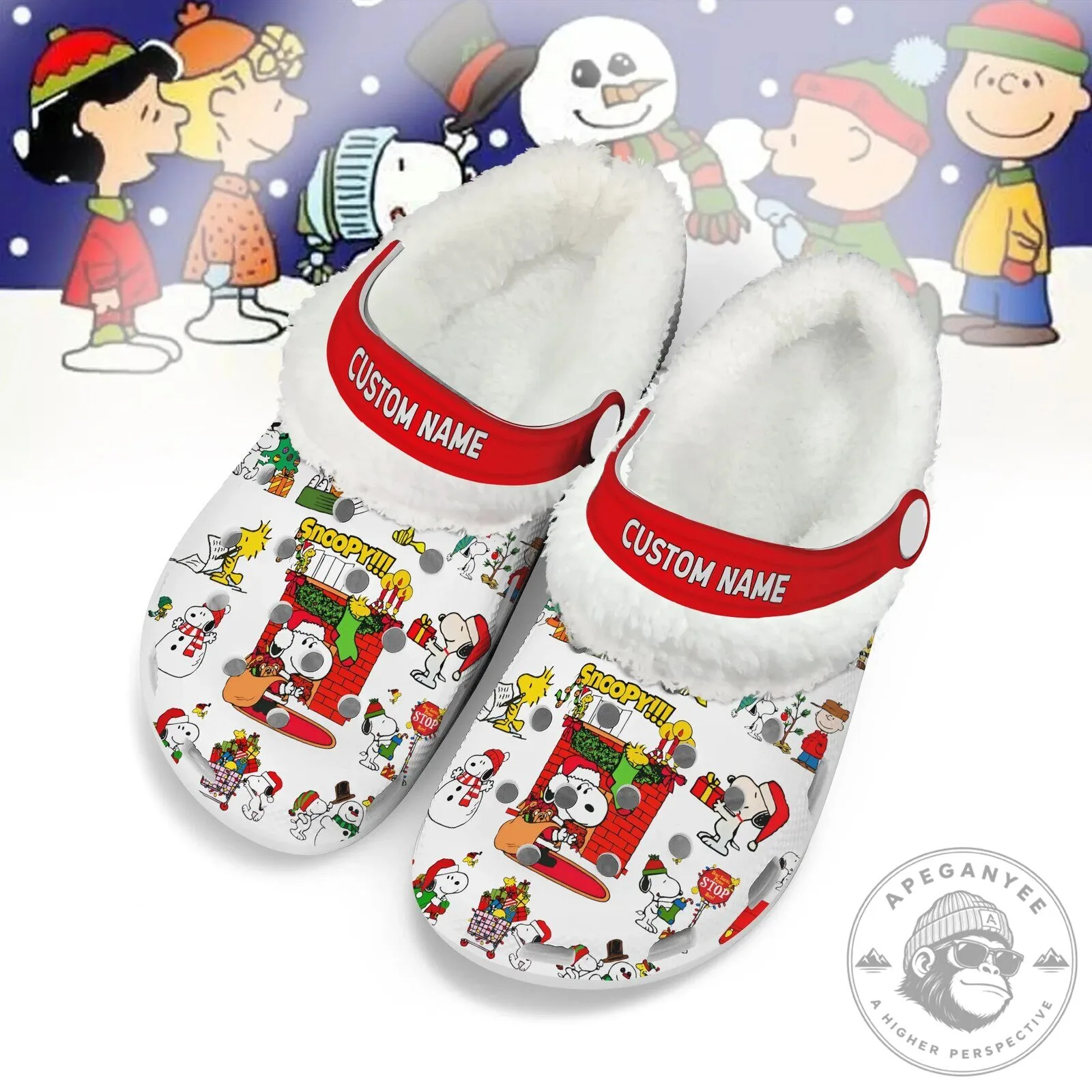 Snoopy Peanuts Christmas Holiday Custom Name Fur Lined Clogs