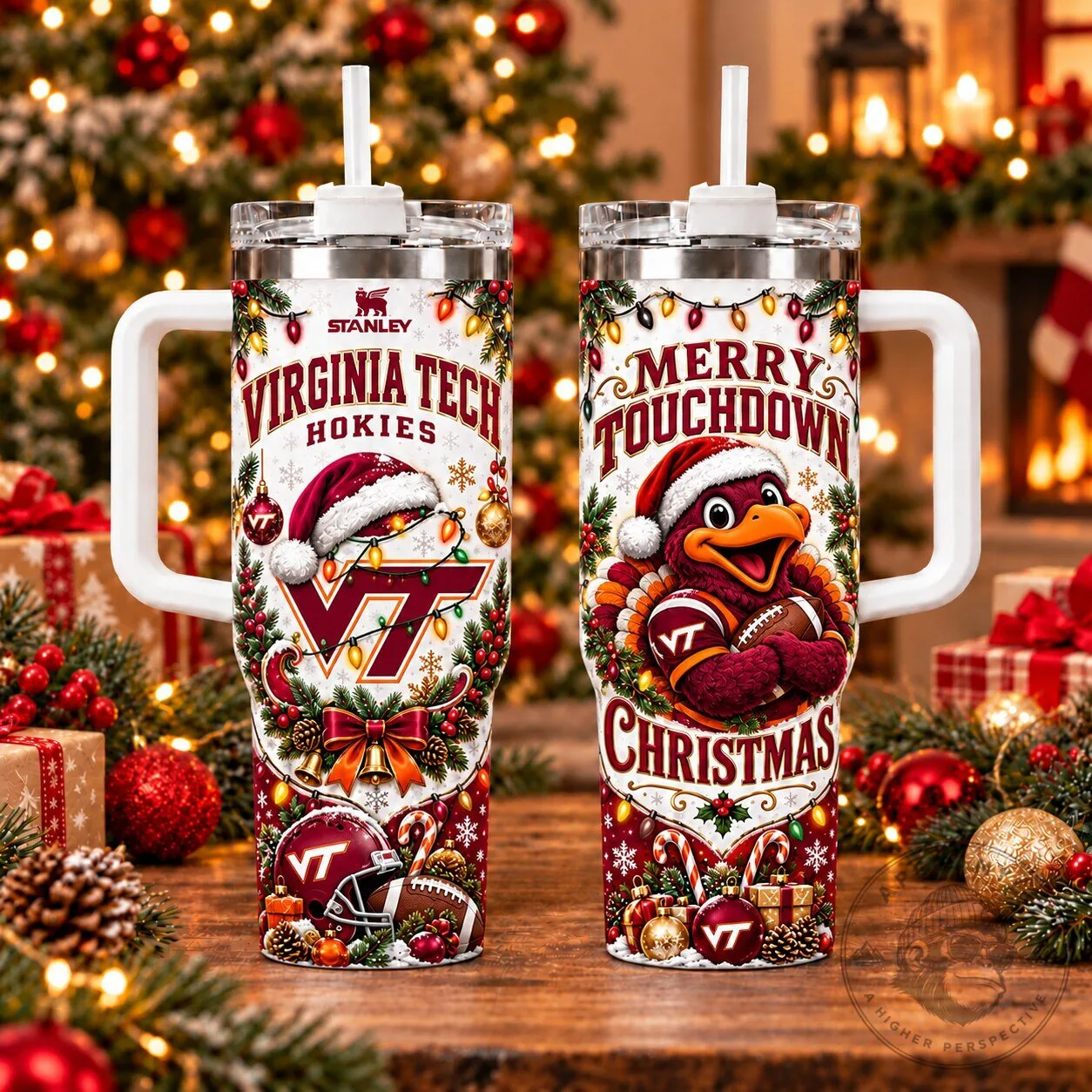 Virginia Tech Hokies Christmas Football Tumbler with Handle and Straw