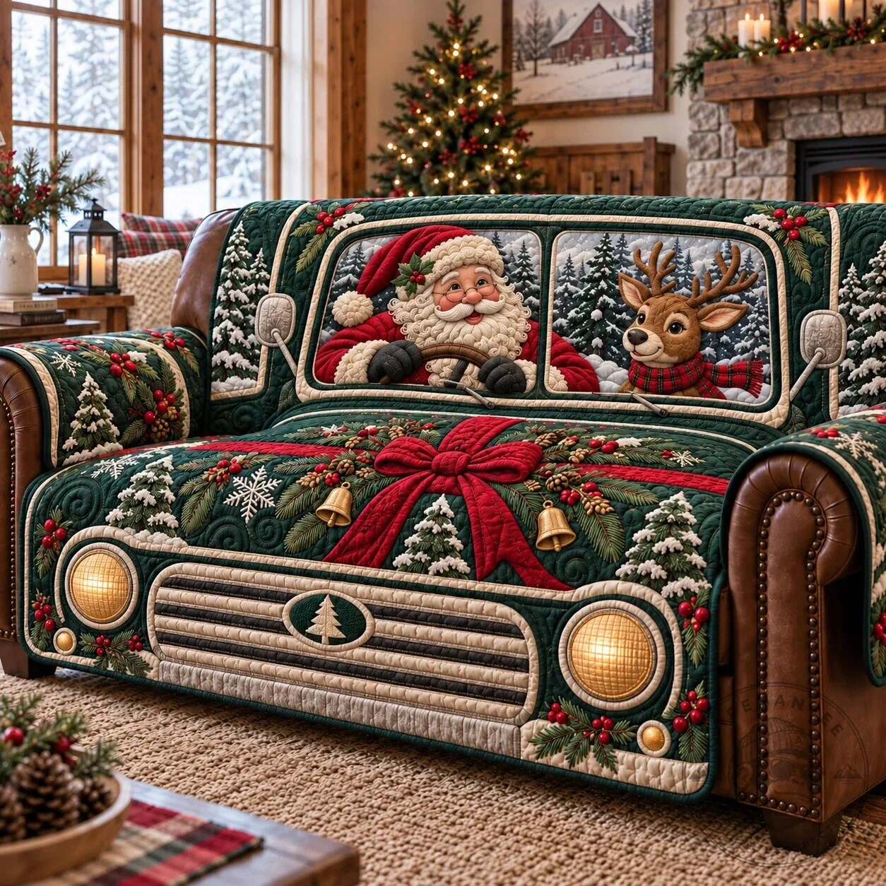 Jolly Santa Claus Driving Truck Christmas Quilted Sofa Cover Protector