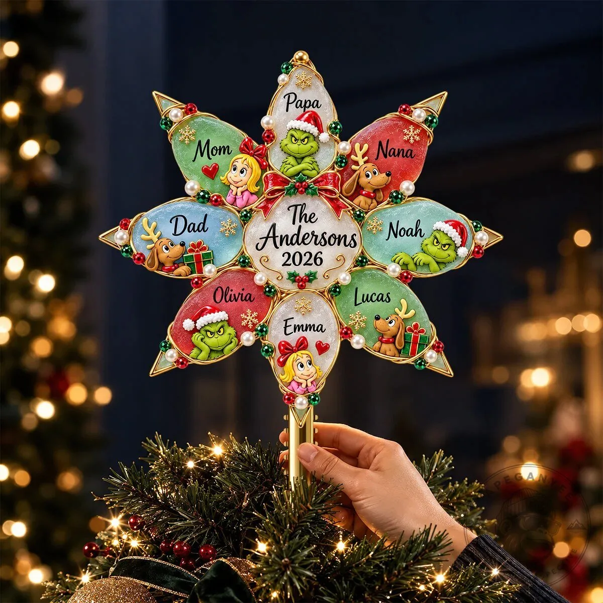 Personalized Grinch Family Christmas Tree Topper with Custom Names and Year