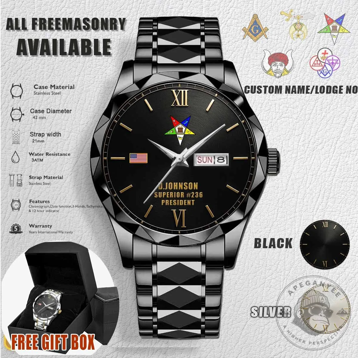Order of the Eastern Star Freemasonry Stainless Steel Watch with Custom Name