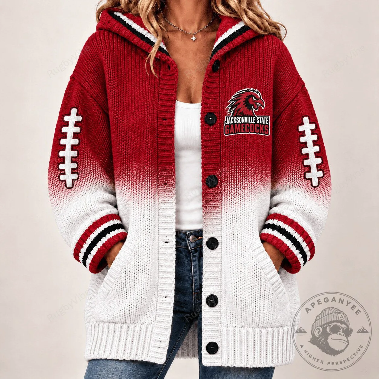 Jacksonville State Gamecocks Football Team Logo Red White Cardigan Hoodie