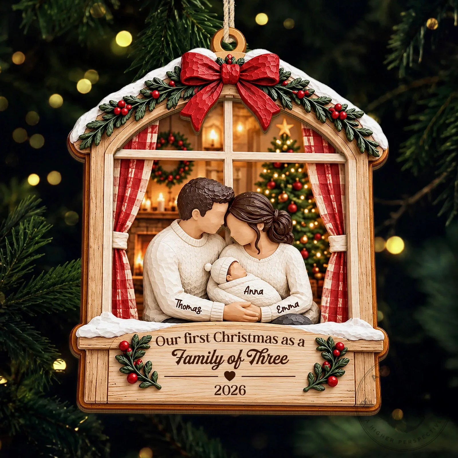 Our First Christmas as a Family of Three Personalized Wood Ornament