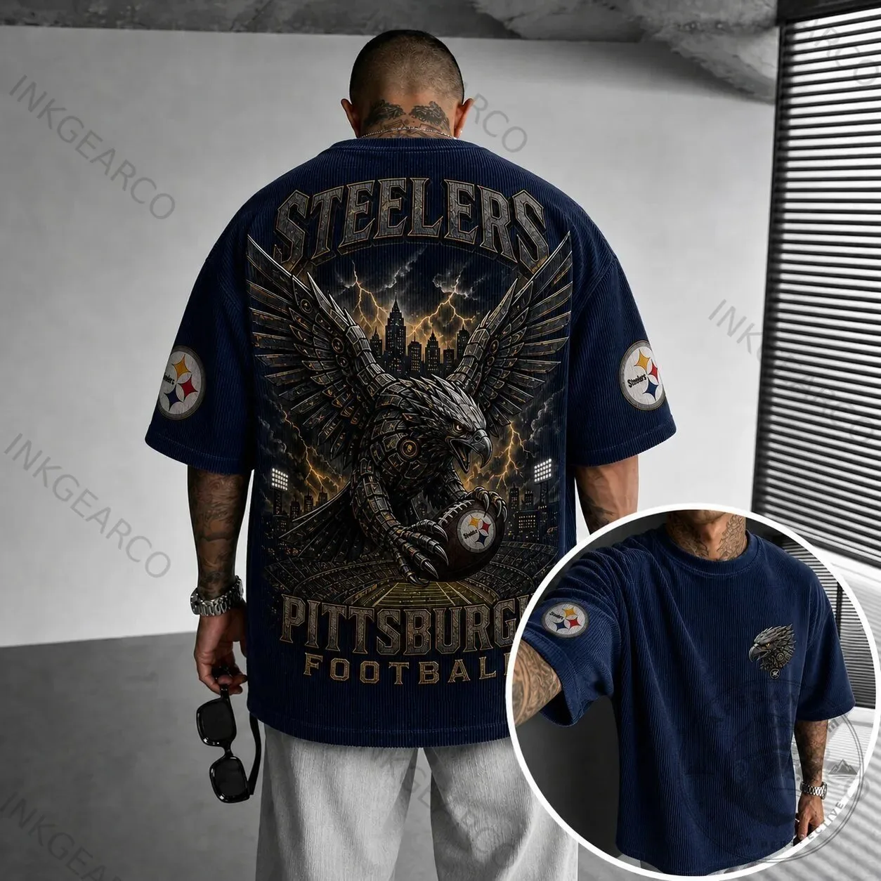 Pittsburgh Steelers Football Eagle Corduroy Oversized Short Sleeve T-Shirt