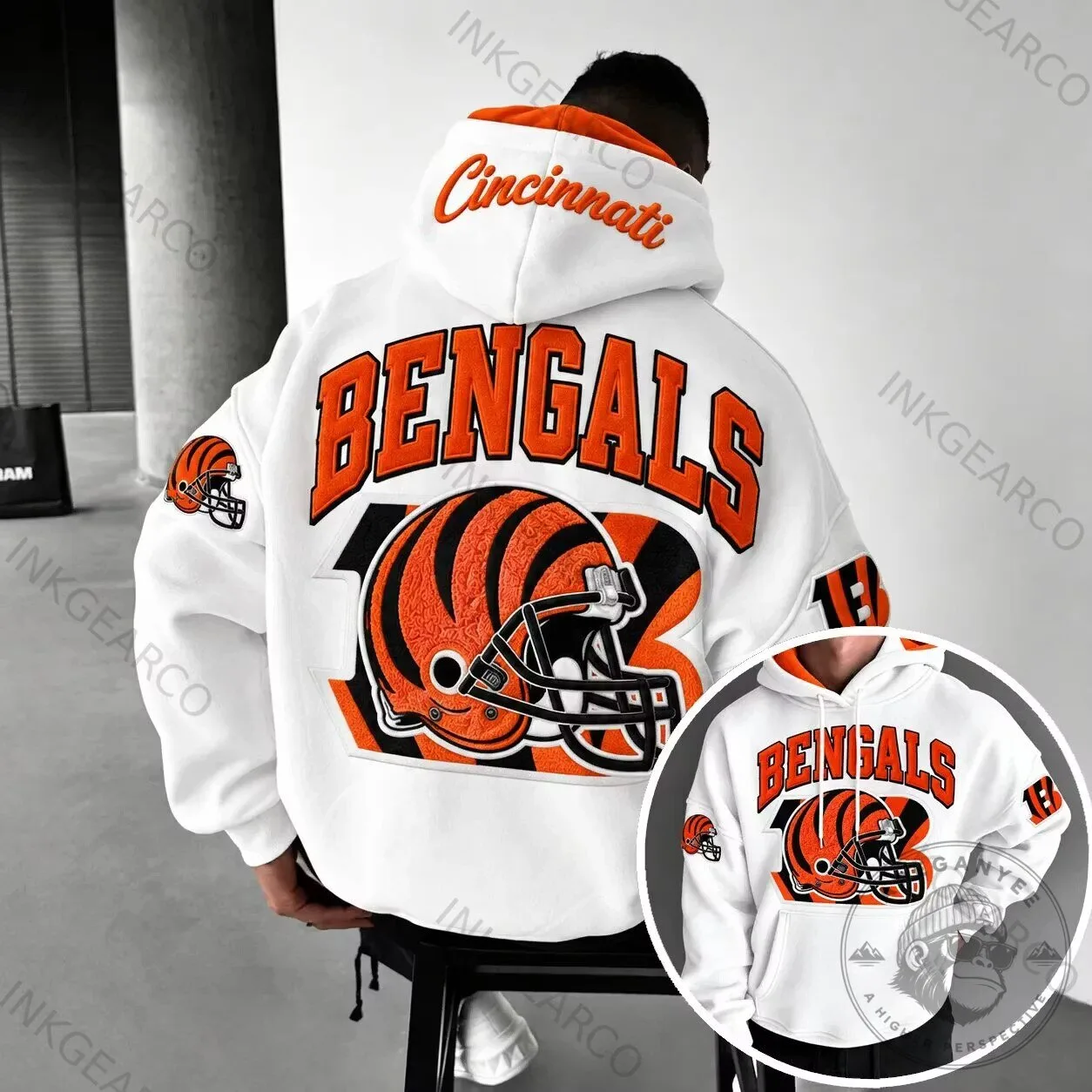 White Hoodie featuring the Cincinnati Bengals Football Team Helmet Logo